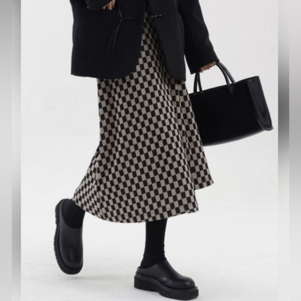 Commense Checkered Long Slit Skirt
